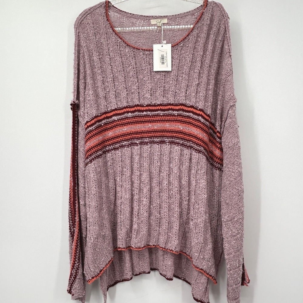 Easel Coffee Date Striped Sweater Mauve Orange Oversized Open Knit 1X NWT